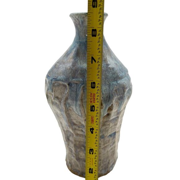 Studio Pottery 8" Vase Blue Tan Heavy Drip Chunky Texture Glossy Artist Signed - Picture 12 of 12